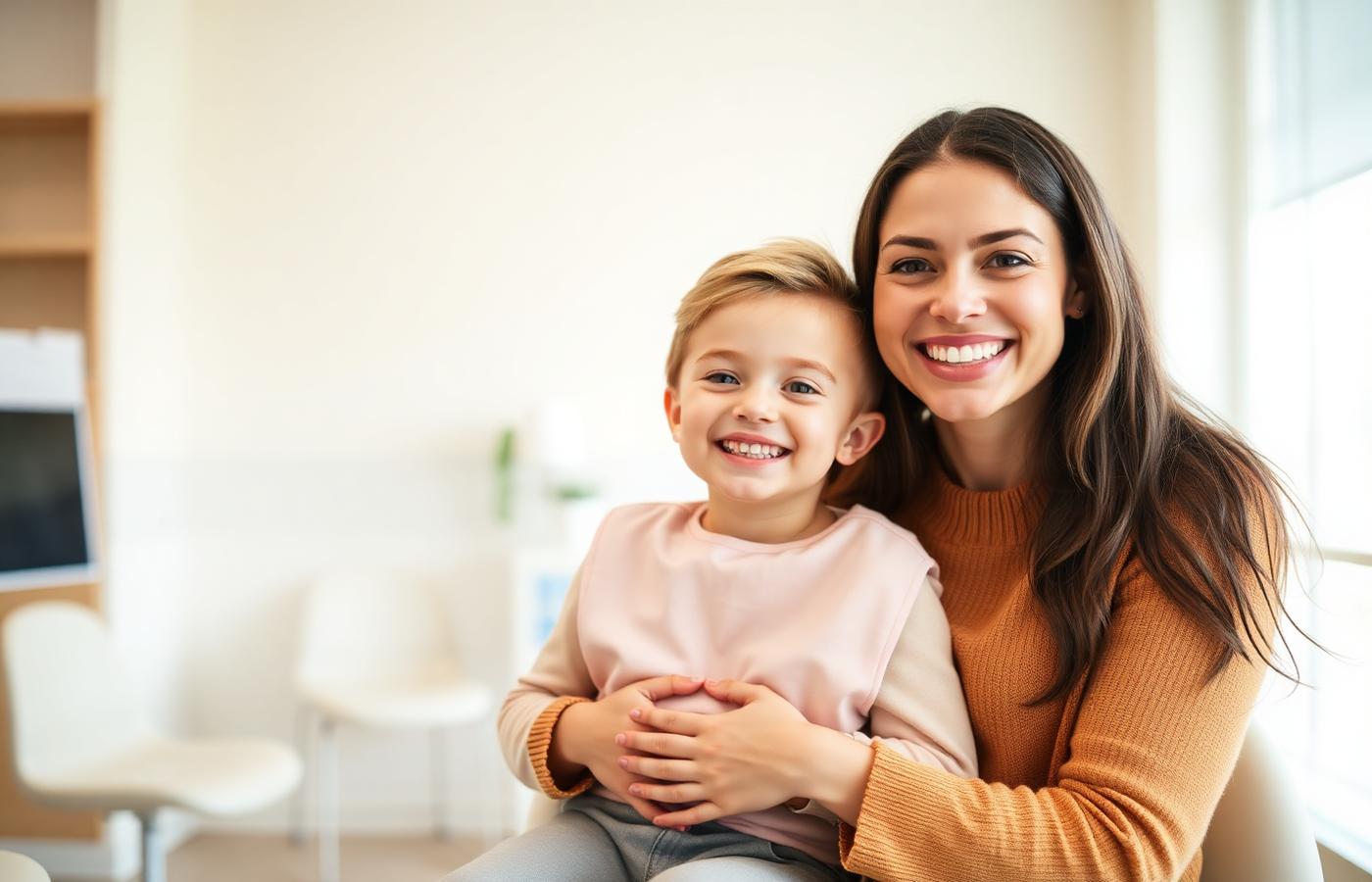 A parent and child feeling relaxed in the clinic waiting area